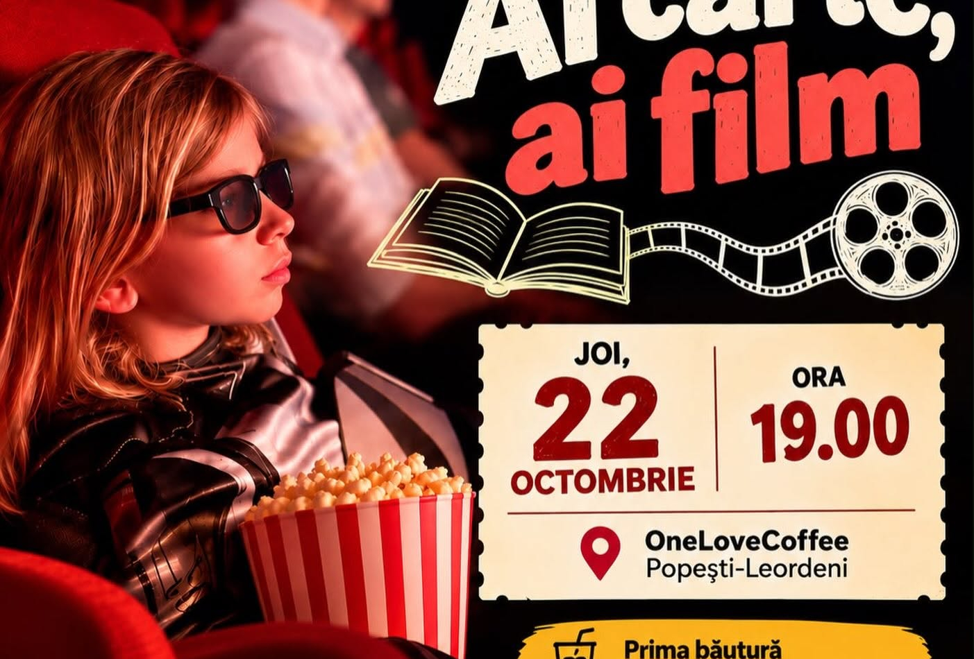 Afiș oficial pentru quizul „Ai carte, ai film” la One Love Coffee Popești-Leordeni, 22 octombrie 2026, ora 19:00
