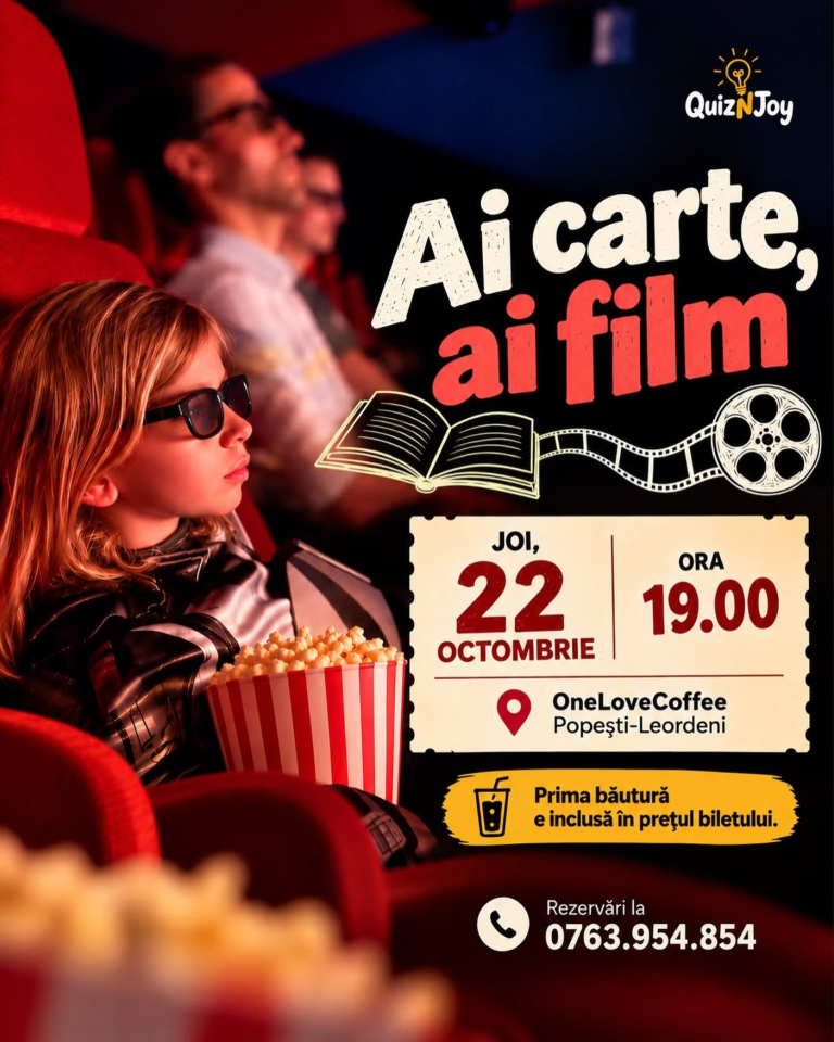 Afiș oficial pentru quizul „Ai carte, ai film” la One Love Coffee Popești-Leordeni, 22 octombrie 2026, ora 19:00