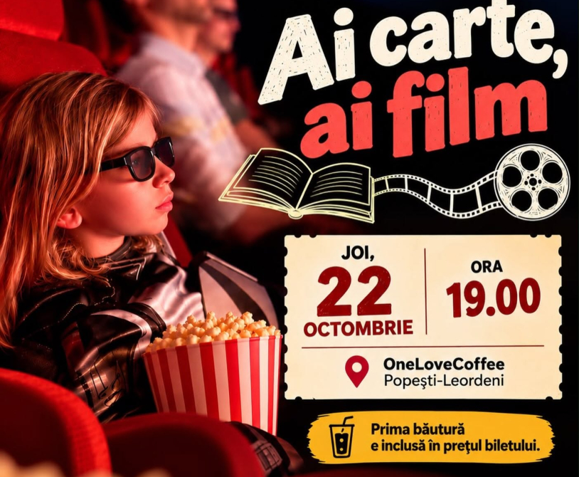 Afiș oficial pentru quizul „Ai carte, ai film” la One Love Coffee Popești-Leordeni, 22 octombrie 2026, ora 19:00