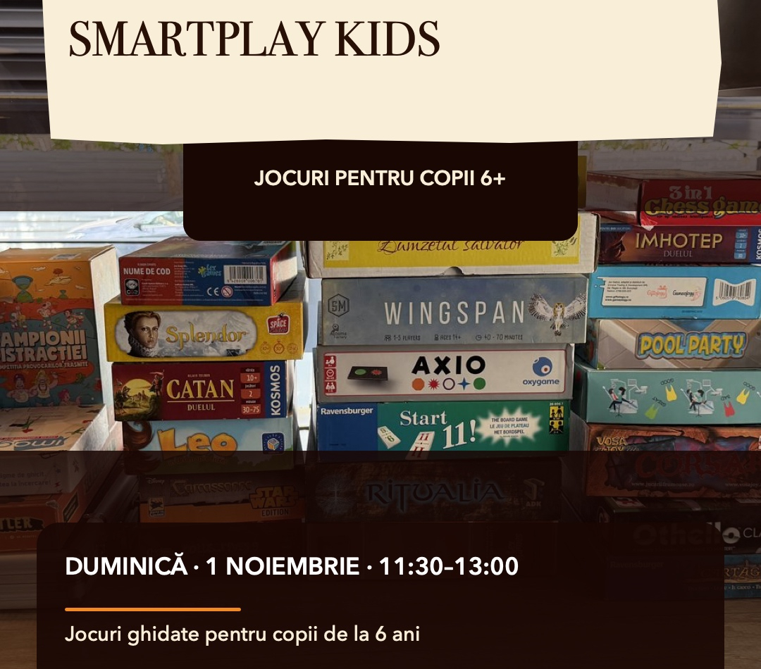 Raft cu jocuri de societate la One Love Coffee; anunț pentru SmartPlay Kids, duminică 1 noiembrie, 11:30–13:00, în Popești-Leordeni.