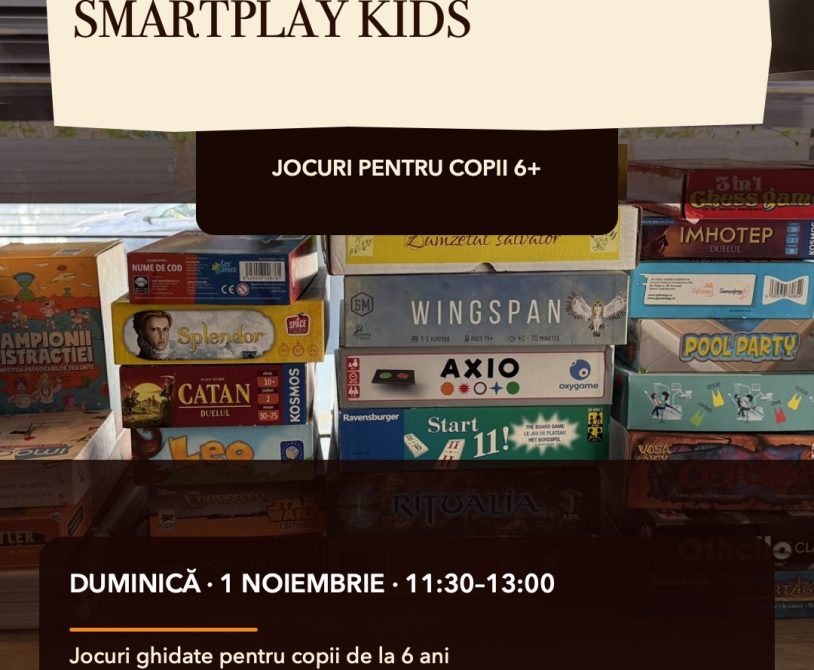 Raft cu jocuri de societate la One Love Coffee; anunț pentru SmartPlay Kids, duminică 1 noiembrie, 11:30–13:00, în Popești-Leordeni.