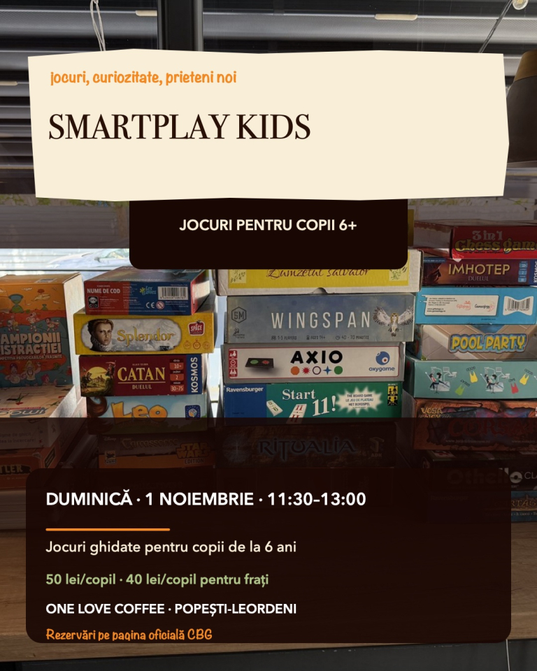 Raft cu jocuri de societate la One Love Coffee; anunț pentru SmartPlay Kids, duminică 1 noiembrie, 11:30–13:00, în Popești-Leordeni.